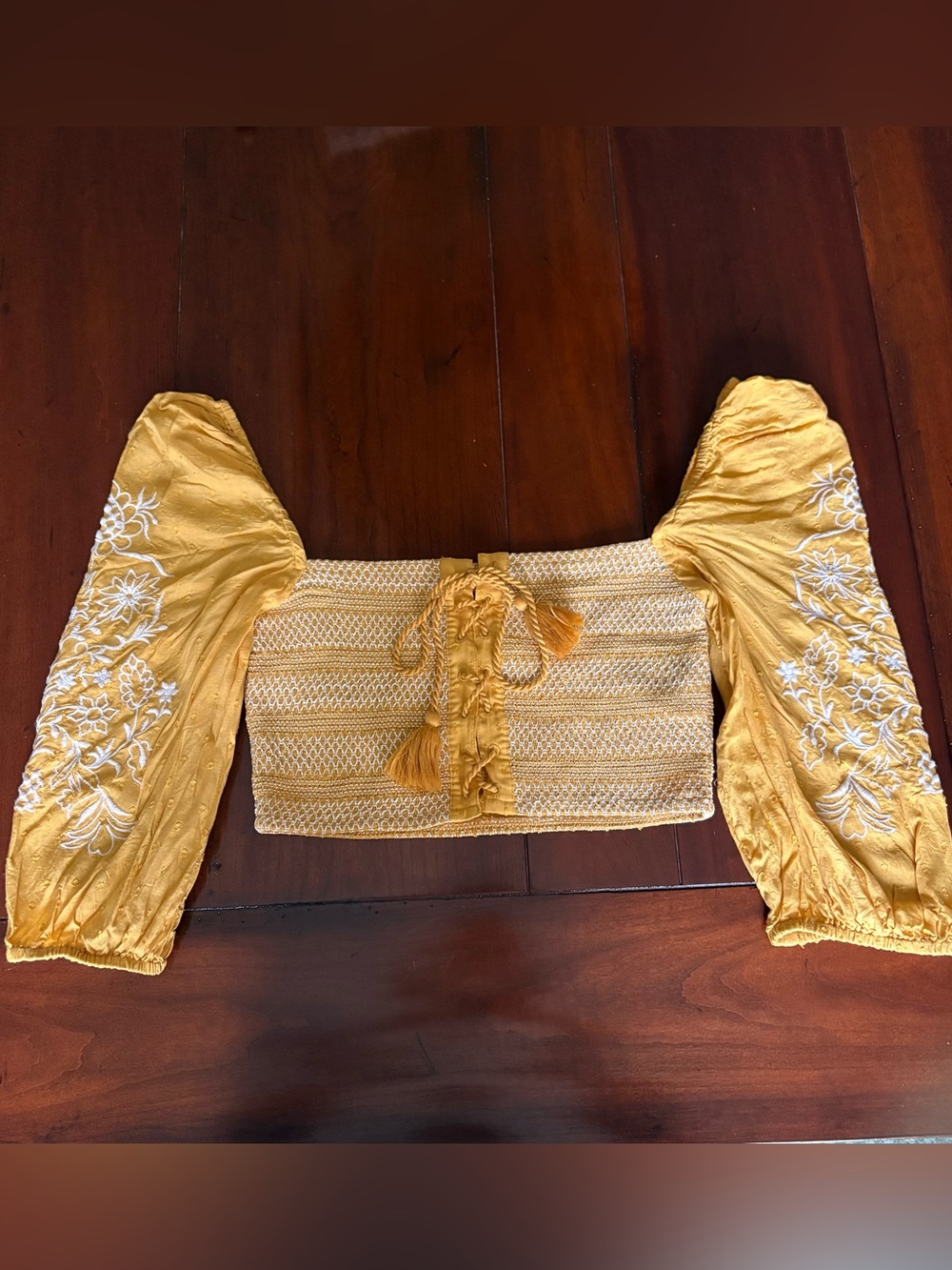 Yellow Embroidered Sleeved Crop Top